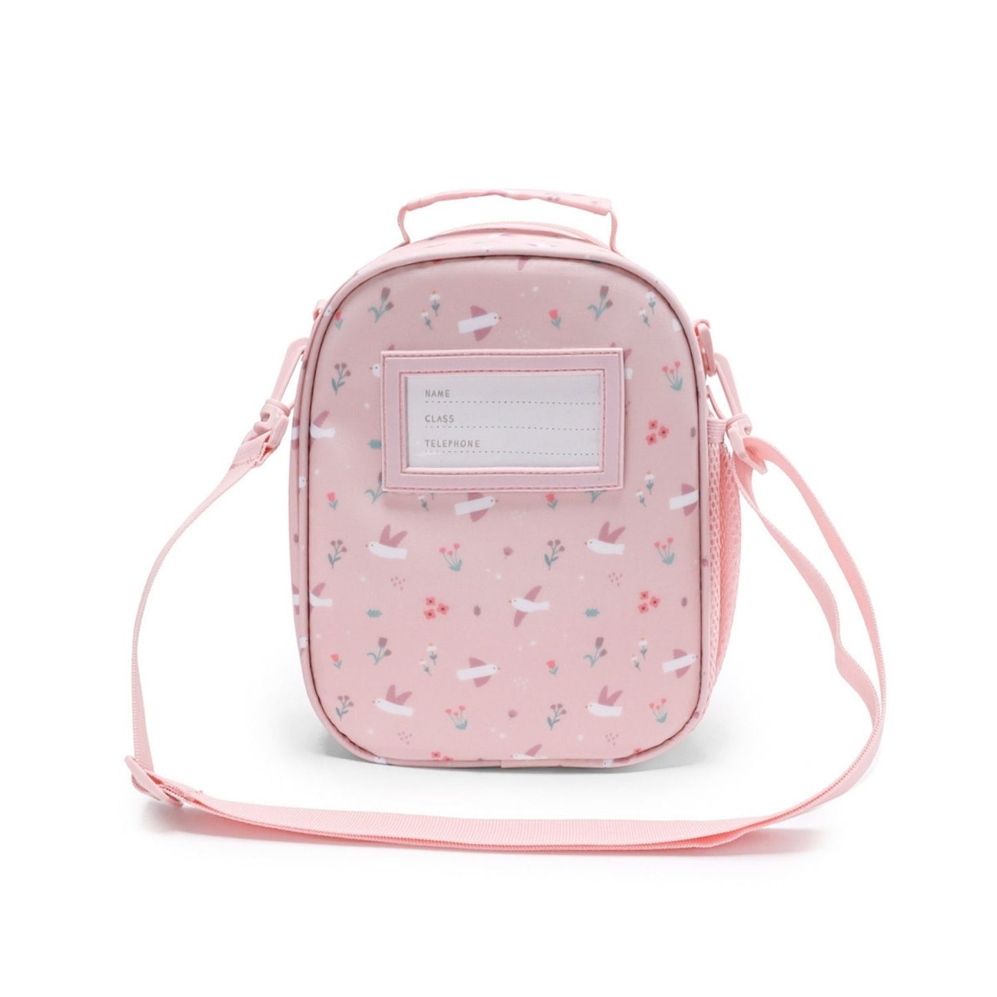 Bolsa Merienda Térmica Personalizable 3D Blossom birds (Pájaros). Esta bolsa térmica infantil es el accesorio escolar perfecto para el colegio o las excursiones, gracias a su amplio compartimento y a su llamativo relieve tridimensional. Cuenta con un bolsillo de rejilla lateral para la botella de agua y una etiqueta plastificada trasera ideal para poner los datos del peque