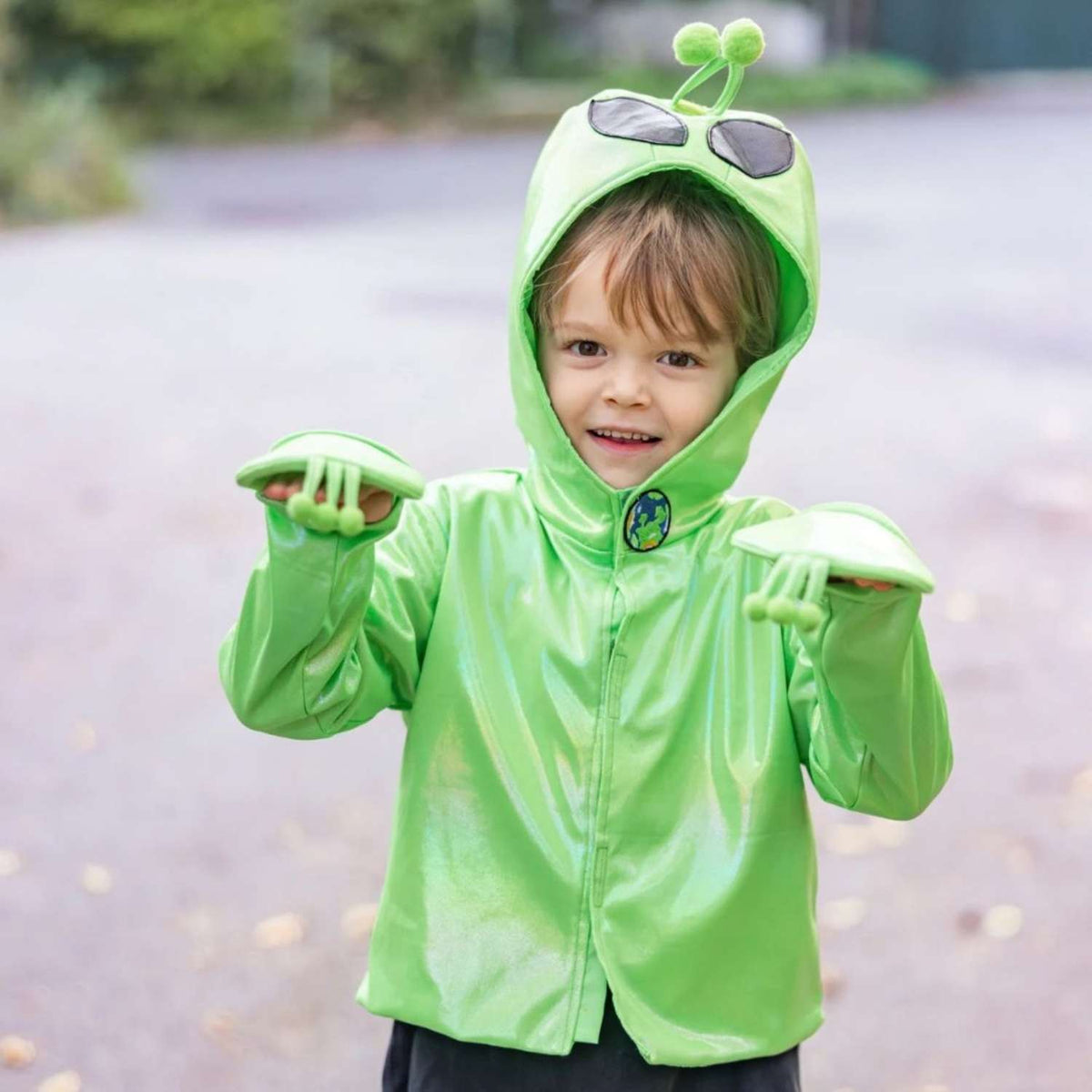 Compra la chaqueta de disfraz alienígena Galaxy Invader de Great Pretenders. Verde neón con capucha de ojos y tentáculos para fiestas y Halloween.