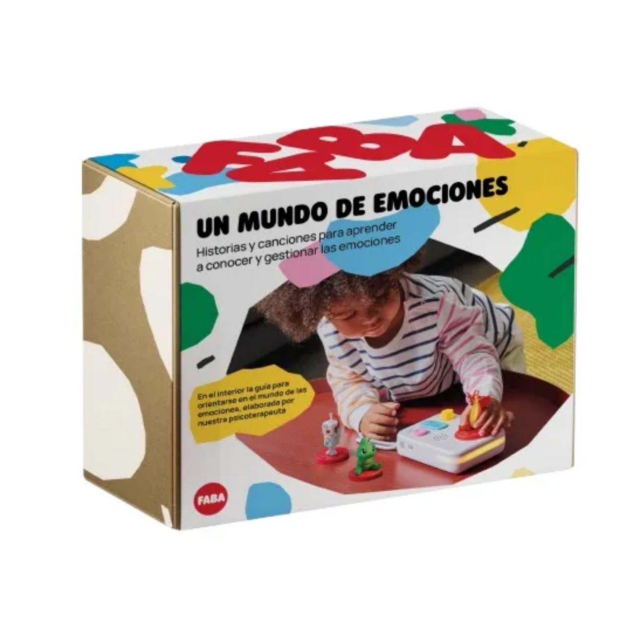 Incluye el altavoz reproductor sonoro FABA+, 3 Personajes Sonoros FABA (El robot faba me grabador, Lily y Dragoncito y Descubriendo las emociones), con cuentos e historias breves cuidadosamente creados para explorar juntos emociones como la alegría, la tristeza, la rabia y el miedo. Cada personaje guía a los pequeños a través de historias que invitan a identificar lo que sienten y a expresarlo de forma saludable.
