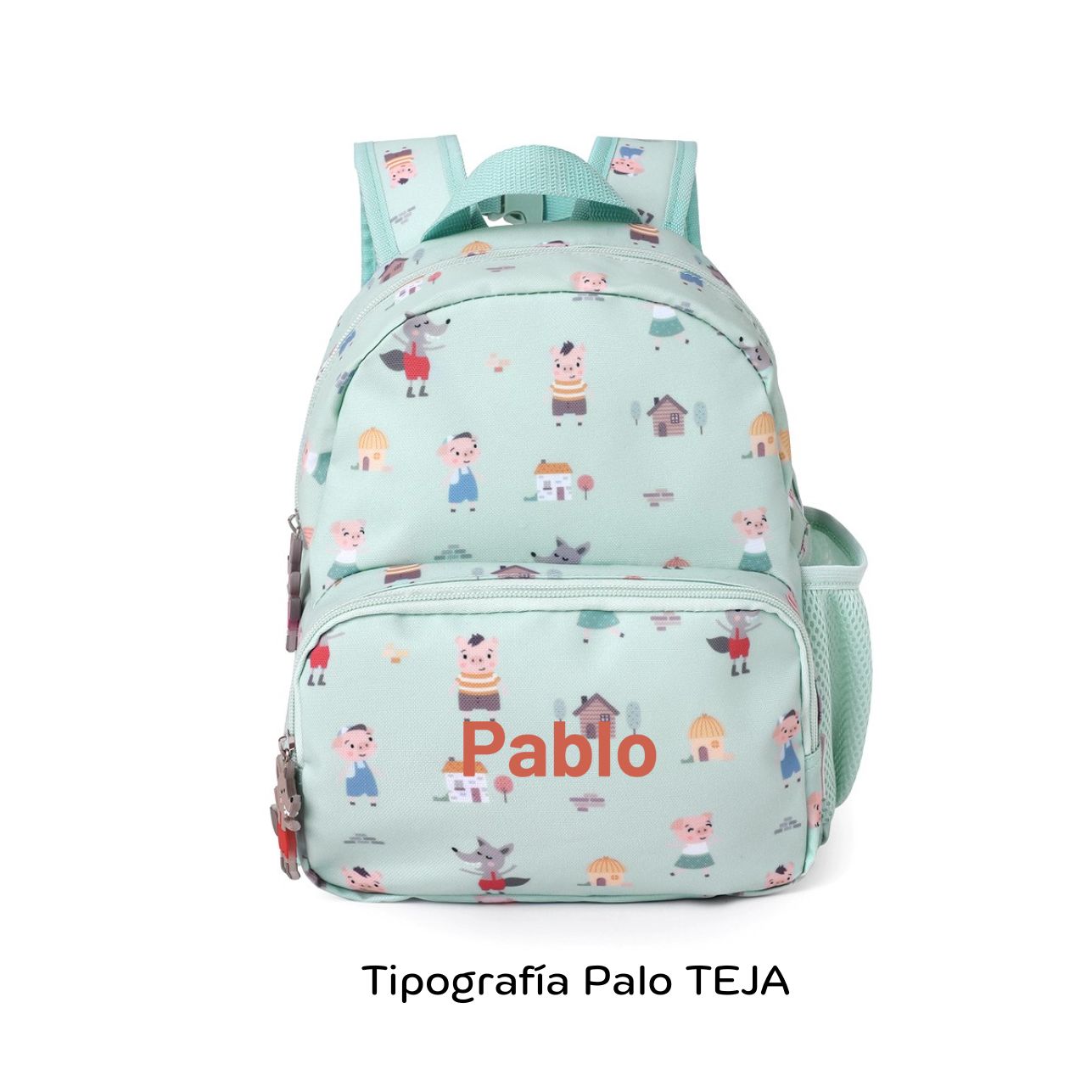 Mochila Infantil Tres cerditos de Tutete. Esta mochila infantil personalizable tiene el tamaño perfecto para niños de 12 meses a 5 años, ideal para llevar una muda, snacks y su juguete favorito. Su diseño impermeable protege todas sus pertenencias en los días de lluvia