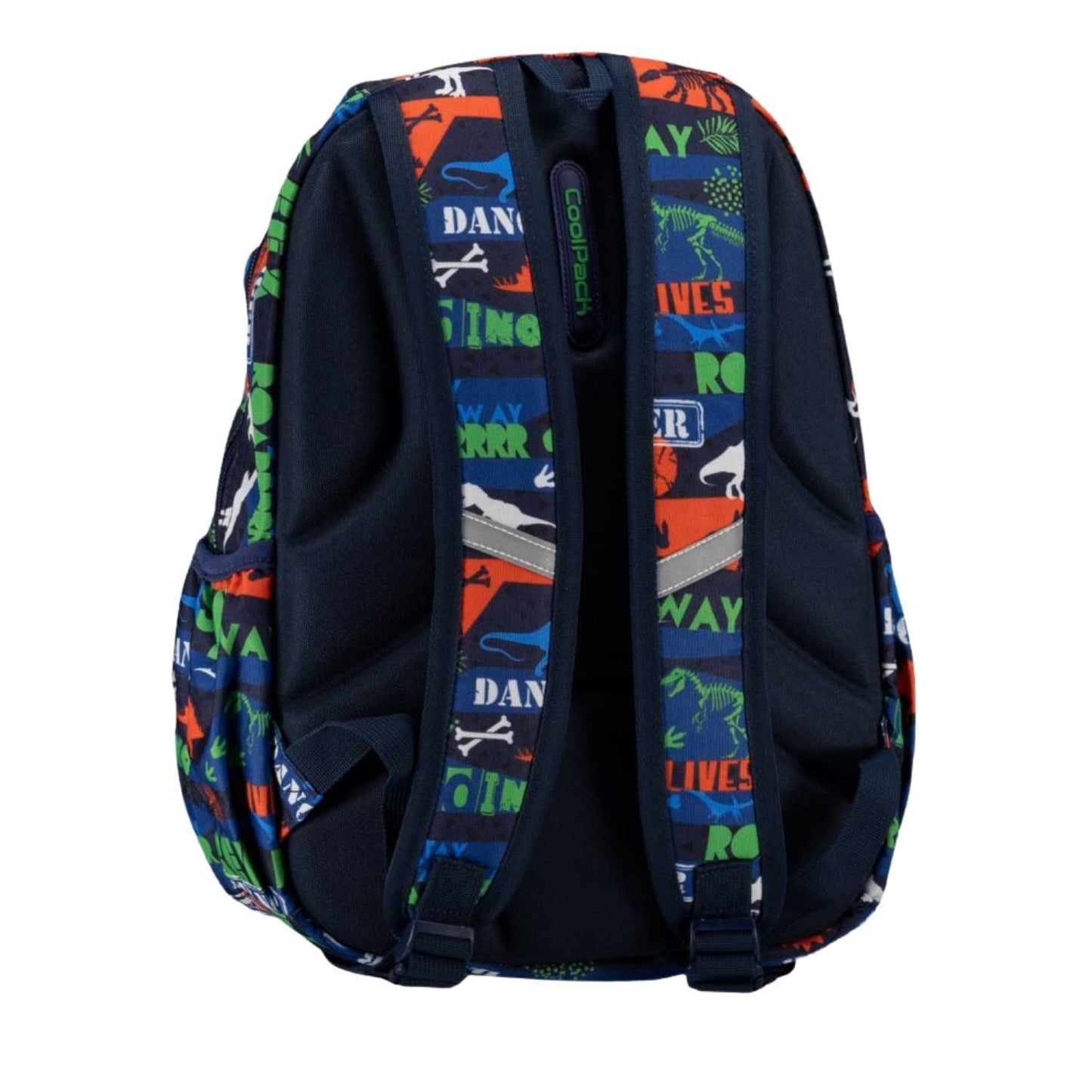 mochila escolar PRIME Happy Dinos de CoolPack! Una mochila de talla media ultraligera, fabricada con respaldo ergonómico de goma EVA y tirantes acolchados que garantizan un reparto óptimo del peso. Su diseño alegre y colorido cuenta con fondo reforzado, dos compartimentos espaciosos aptos para formato A4, bolsillo frontal con llavero de clic y bolsillos laterales con goma para la botella de agua.