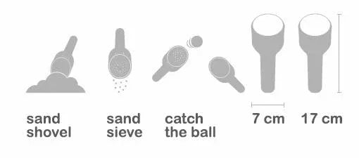 Con una pala ergonómica, un tamiz/colador y una pelota resistente, es el compañero perfecto para horas de juego al aire libre.
Diseñado pensando en la comodidad de las pequeñas manos, su forma perfilada facilita el agarre y estimula la creatividad desde el primer uso. Ya sea cavando castillos, colando conchas o inventando nuevos juegos con la pelota, este set invita al juego libre y activo mientras desarrolla la coordinación mano-ojo y las habilidades motoras.