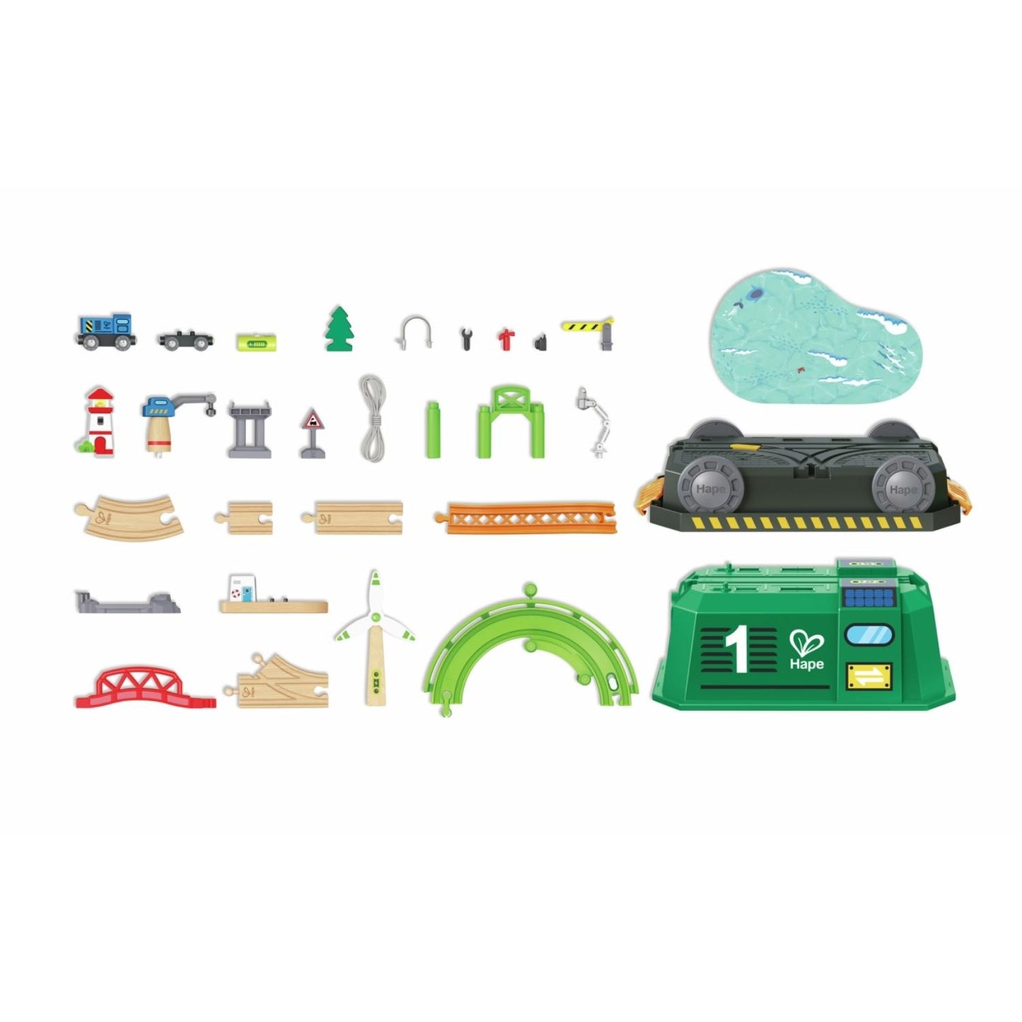 El Set de Tren de Energía Eco es el set ferroviario perfecto para iniciar a los niños en las energías limpias. Se guarda en una práctica caja con ruedas con forma de tren, ideal para el juego activo y portátil.