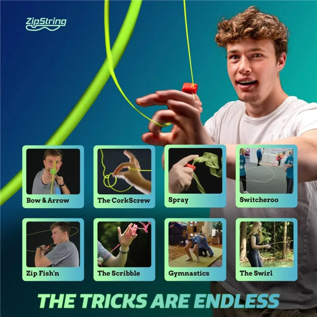 Zip STRING, un juguete revolucionario que convierte la física en puro espectáculo. Con solo un movimiento, la cuerda parece flotar, girar y volar en el aire, formando un lazo mágico que desafía la gravedad. ¿Trucos? ¡Los que tú inventes! Perfecto para niños a partir de 4 años (con ayuda), mayores de 8 y hasta adultos curiosos que adoren los retos visuales y creativos.