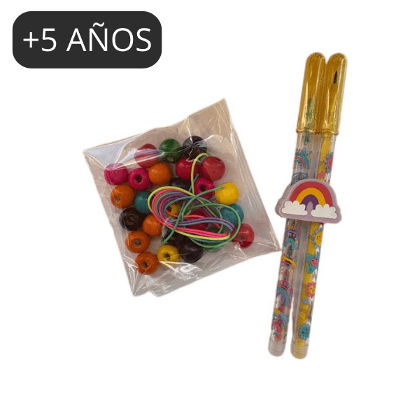 Bolsita de cumple dos lapiceros apilables arcoiris y kit pulseras de madera - manodesantaoficial