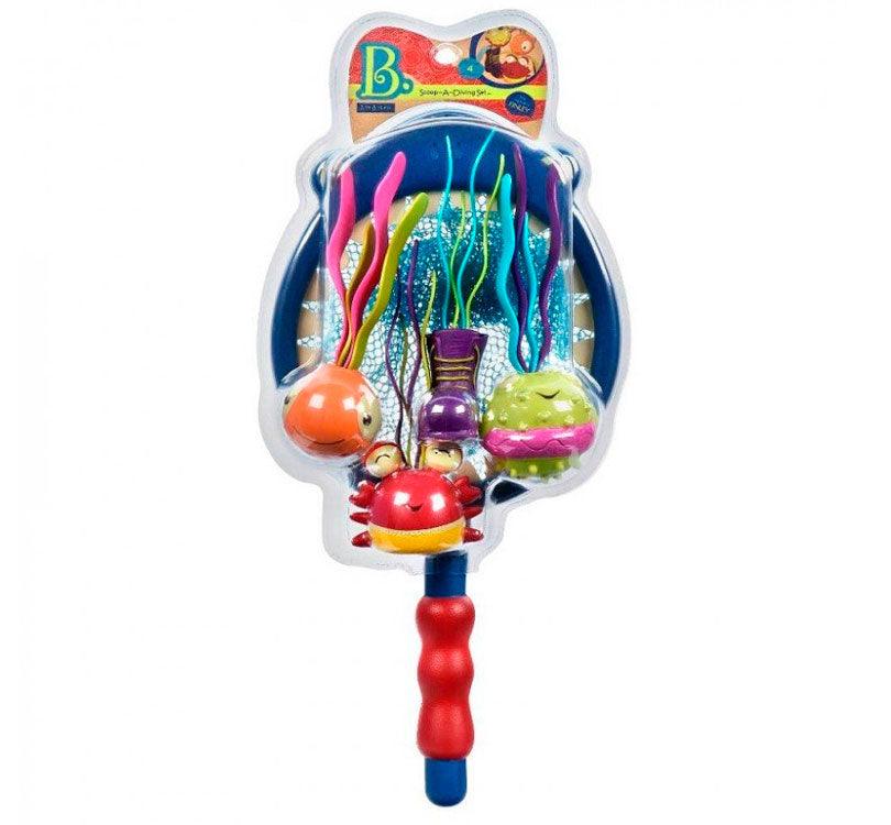 blister del producto Set de buceo con raqueta de malla con cara de tiburón y 4 animales marinos para tirar al fondo del agua y recogeros de la marca Byou distribuida por Djeco