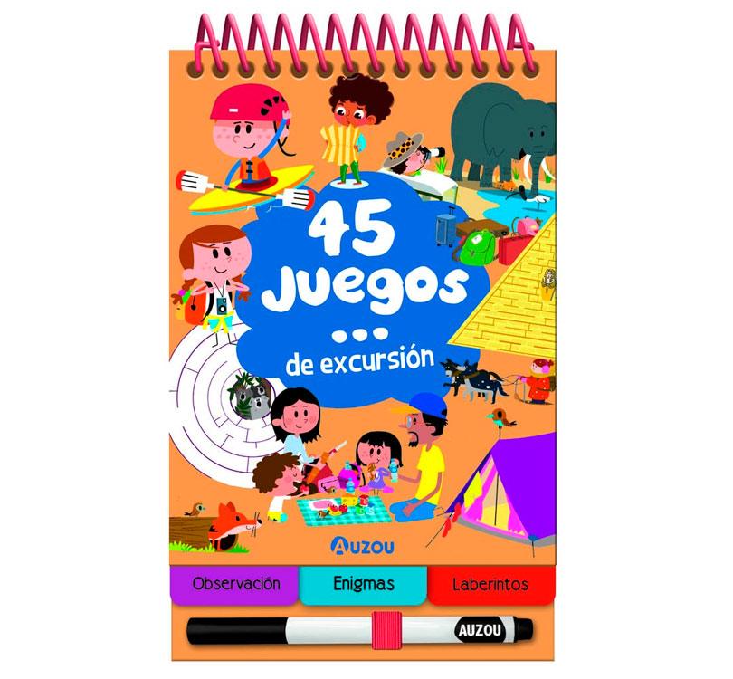 libreta de pasatiempos Mientras espero, con 45 juegos,  variados para niños. portada en color naranja con ilustraciones de diversas  actividades típicas de las excursiones de la marca Auzou
