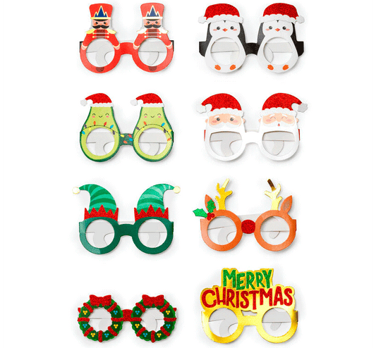 Set de 8 gafas navideñas de papel de Legami.  Elige tu personaje escogiendo una de las 8 formas diferentes con temática navideña. Déjate iluminar por los detalles laminados y la purpurina y sorprende con tu mejor pose en estas fiestas. ¡Fa-bu-lo-sas!! 