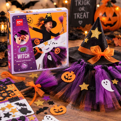 Compra el kit creativo de disfraz de bruja Apli para Halloween. Manualidad infantil con piezas autoadhesivas sin pegamento. ¡A partir de 5 años!