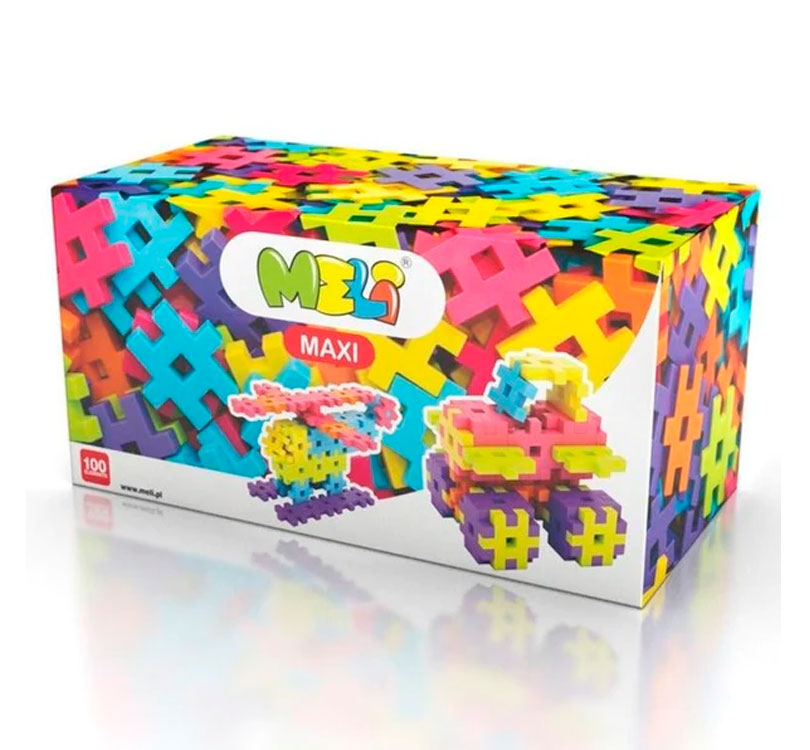 Bloques MELI Maxi 100 piezas es un juego divertido para todos los tamaños. Con piezas más grandes, estimula el desarrollo y creatividad. Rompecabezas y figuras de creación libre aumentan la motricidad fina.