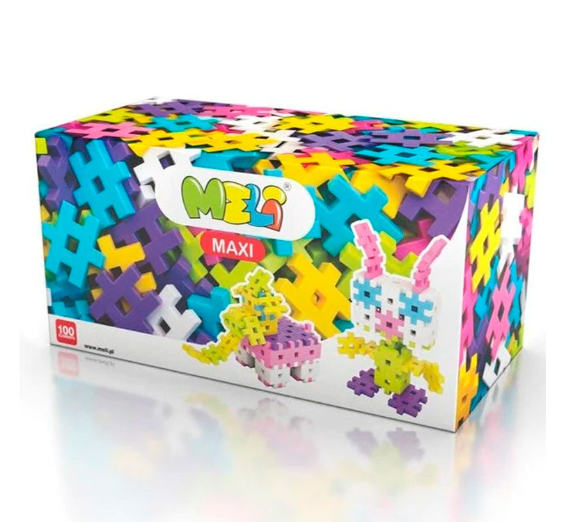 Bloques MELI Maxi 100 pastel piezas es un juego divertido para todos los tamaños. Con piezas más grandes, estimula el desarrollo y creatividad. Rompecabezas y figuras de creación libre aumentan la motricidad fina.