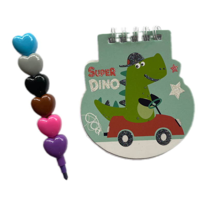 libreta pequeñita para pequeñas obras de arte y un lapiceros de 6 colores intercambiables con monísimas formitas dino