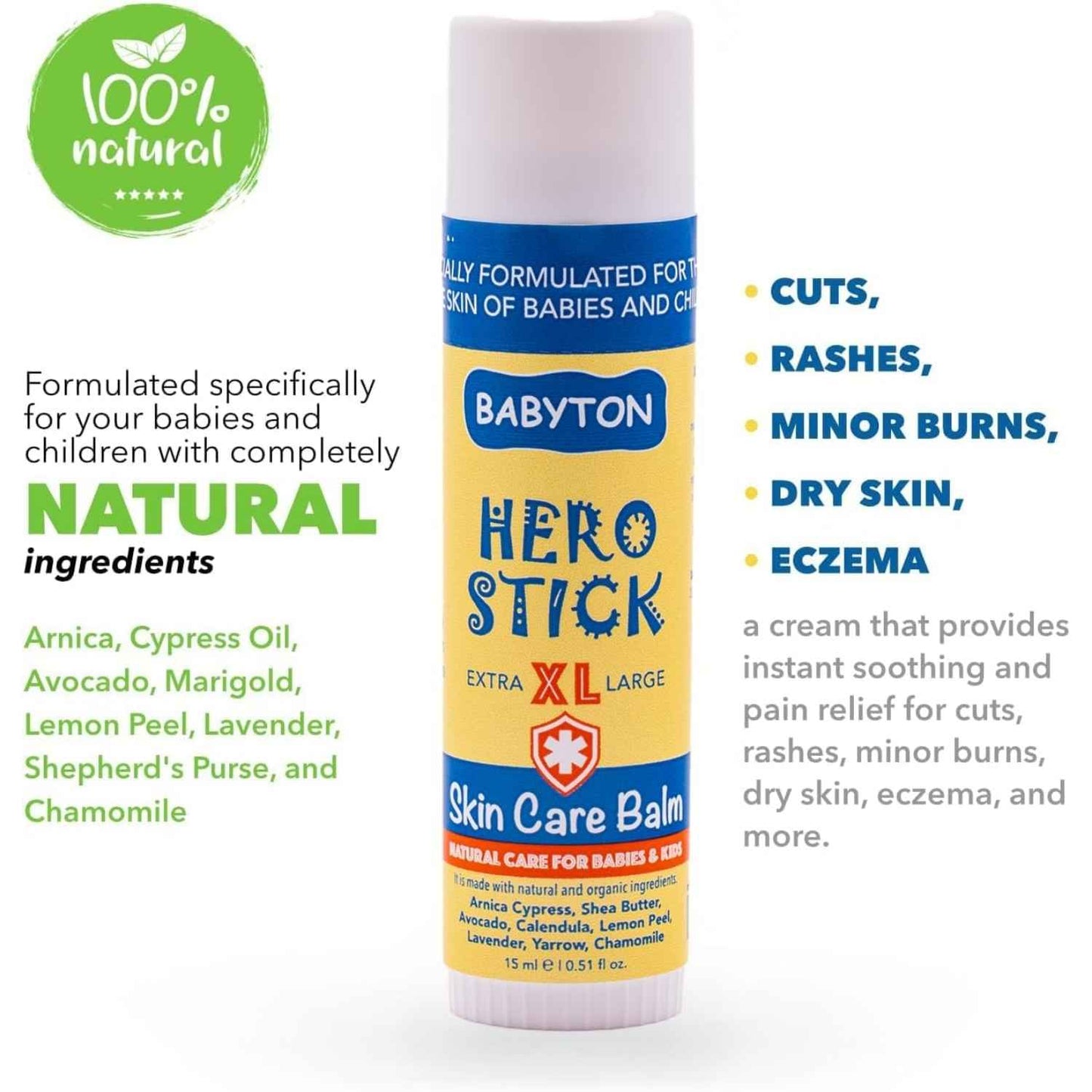 El Hero Stick de Babyton es el bálsamo imprescindible en el botiquín de cualquier familia. Este bálsamo calmante en formato barra ha sido específicamente diseñado para tratar las aventuras diarias de bebés y niños. Gracias a su fórmula 100% natural, libre de alcohol, perfumes y parabenos, es perfecto para aplicar sobre la piel sensible ante picaduras de insectos, chichones o zonas de sequedad extrema como labios agrietados, irritaciones y eccemas leves. Su combinación de aceite de girasol y Vitamina E nutre
