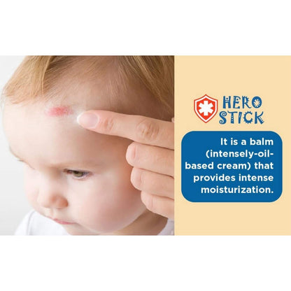 El Hero Stick de Babyton es el bálsamo imprescindible en el botiquín de cualquier familia. Este bálsamo calmante en formato barra ha sido específicamente diseñado para tratar las aventuras diarias de bebés y niños. Gracias a su fórmula 100% natural, libre de alcohol, perfumes y parabenos, es perfecto para aplicar sobre la piel sensible ante picaduras de insectos, chichones o zonas de sequedad extrema como labios agrietados, irritaciones y eccemas leves. Su combinación de aceite de girasol y Vitamina E nutre