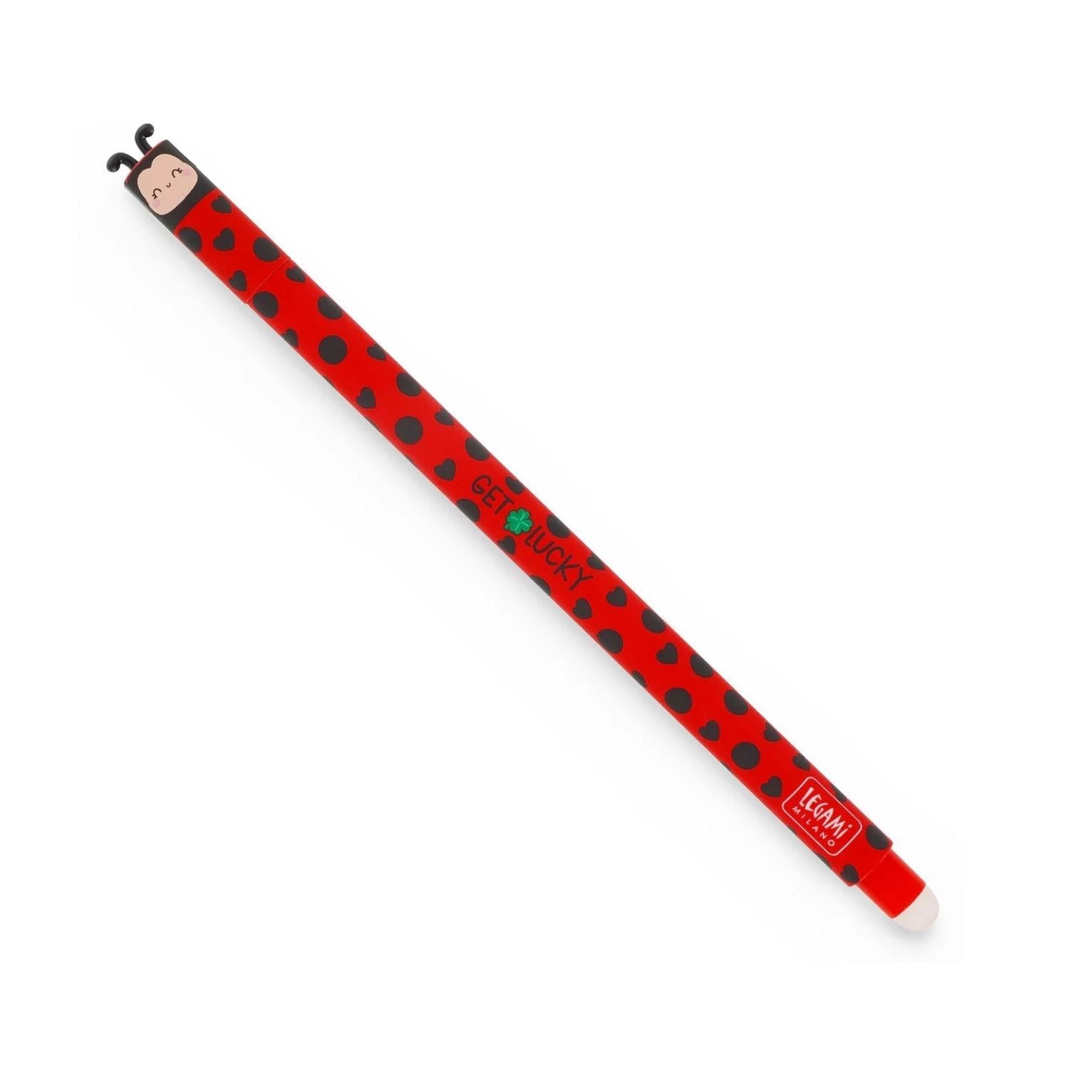 ¡Equivocarse es de sabios! Con el Bolígrafo Borrable Ladybug de Legami y su tinta roja termosensible, borra errores sin dañar el papel. Disponible en Mano de Santa.