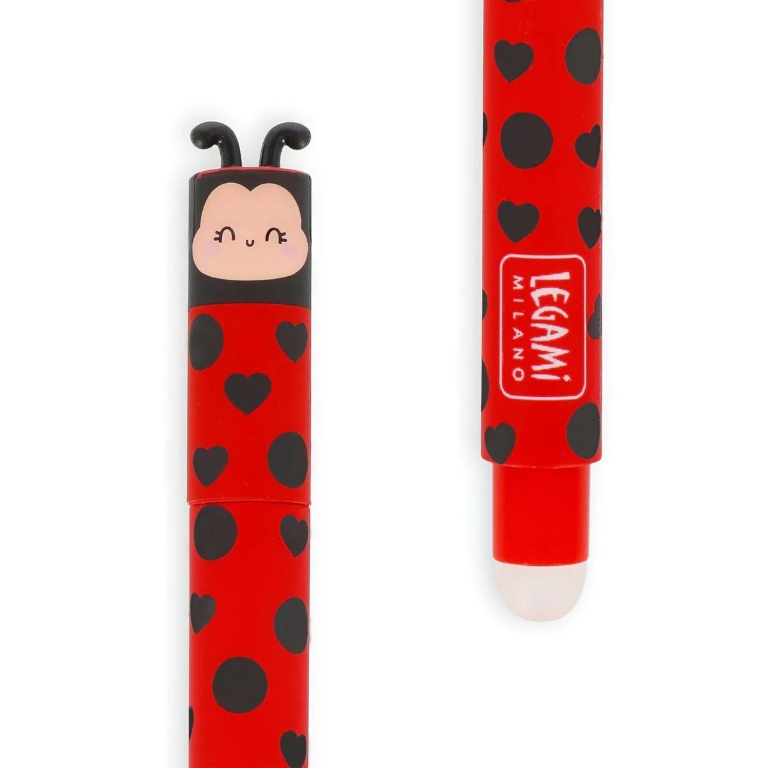 ¡Equivocarse es de sabios! Con el Bolígrafo Borrable Ladybug de Legami y su tinta roja termosensible, borra errores sin dañar el papel. Disponible en Mano de Santa.