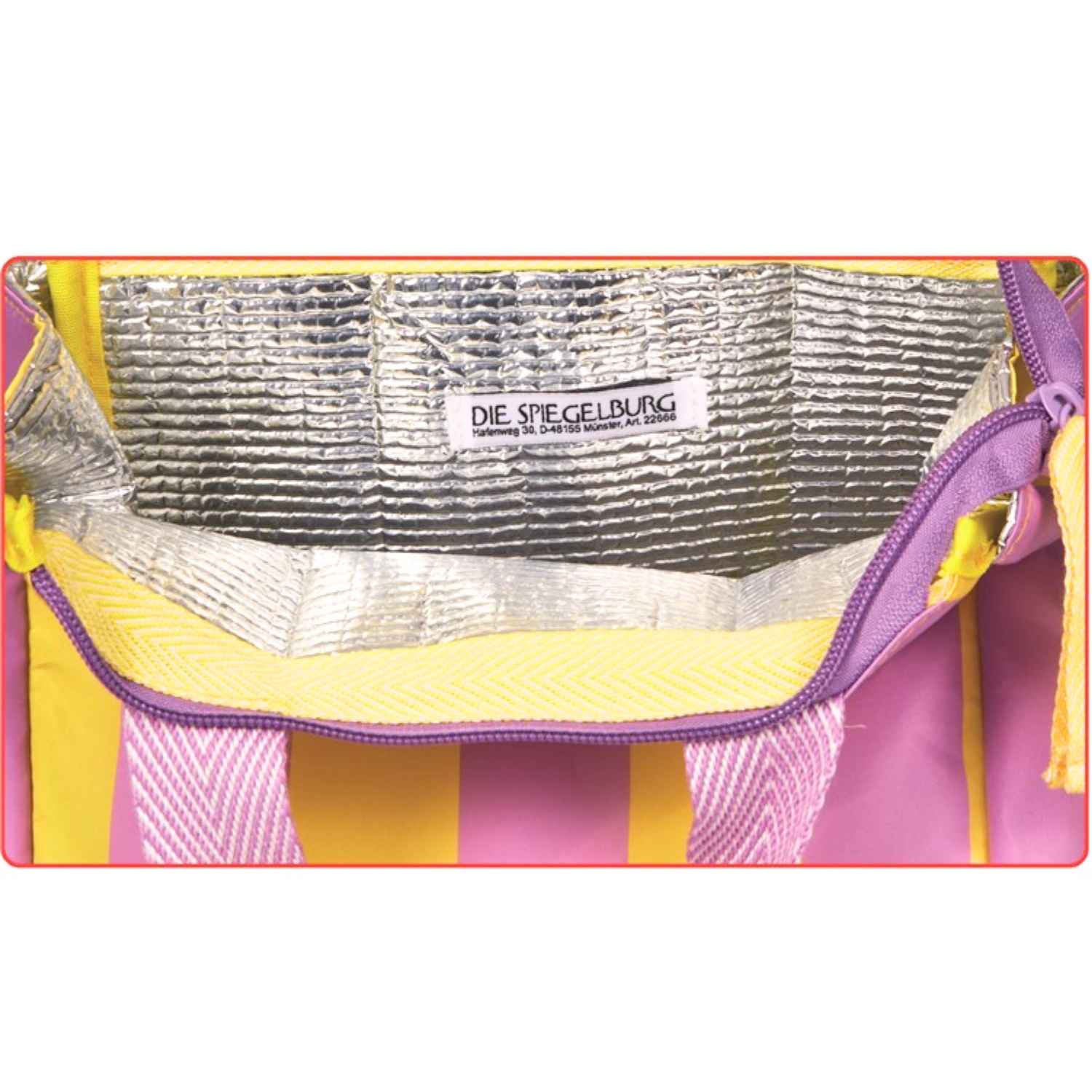 Compra la bolsa térmica aislante TO GO de Die Spiegelburg. Diseño de rayas lila y amarillo, ideal para mantener tus comidas frías o calientes en viajes y oficina. 100% lavable y resistente.