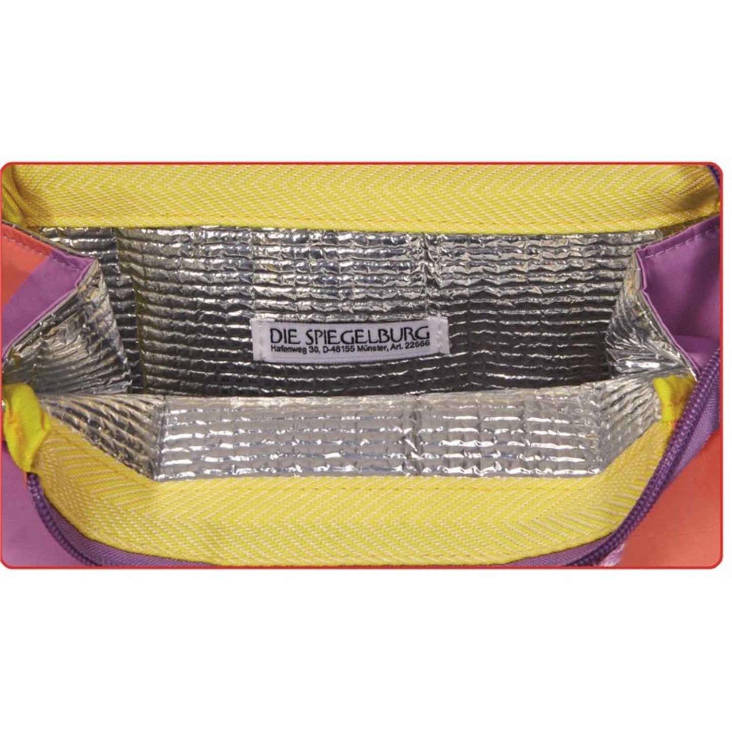 Compra la bolsa térmica aislante TO GO de Die Spiegelburg. Diseño de rayas lila y MELOCOTON, ideal para mantener tus comidas frías o calientes en viajes y oficina. 100% lavable y resistente.