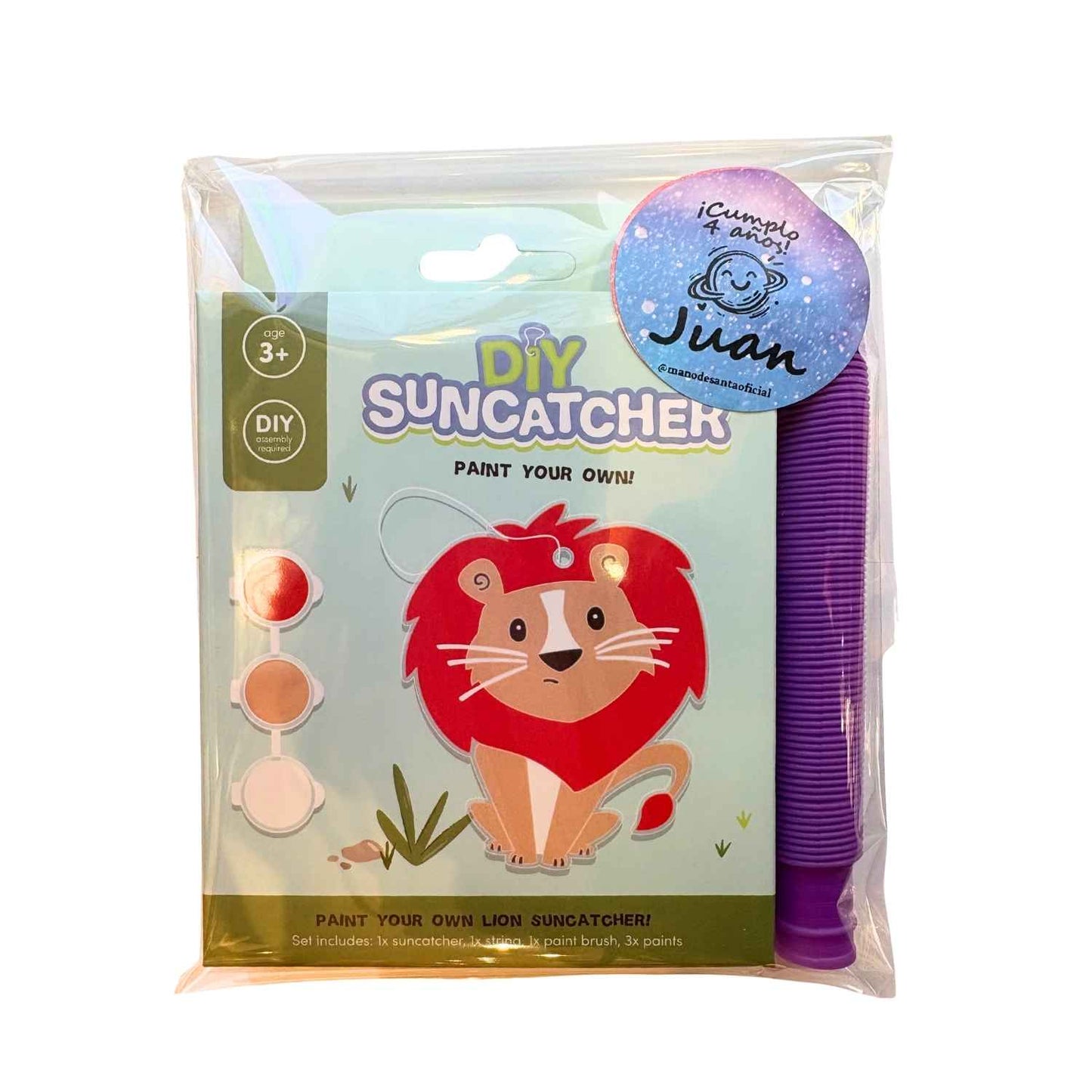 Bolsita de cumple con Manualidad atrapasol LEÓN + tubo extensible El detalle perfecto, original y educativo para tus invitados.