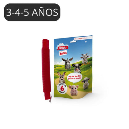 Bolsita de regalo para cumpleaños con figura sorpresa Mini Mates de Schleich y tubo extensible sensorial. El detalle perfecto, original y educativo para tus invitados.