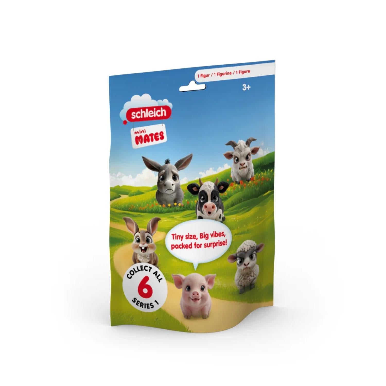 Bolsita de regalo para cumpleaños con figura sorpresa Mini Mates de Schleich y tubo extensible sensorial. El detalle perfecto, original y educativo para tus invitados.
