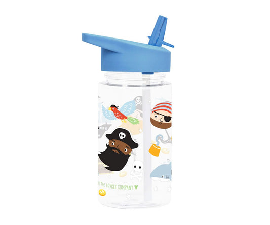 Botella infantil con pajita PIRATAS 450 ml de A Little Lovely Company. Cantimplora de tritán ligera, libre de BPA y a prueba de fugas con pegatinas de regalo, perfecta para el colegio y excursiones.