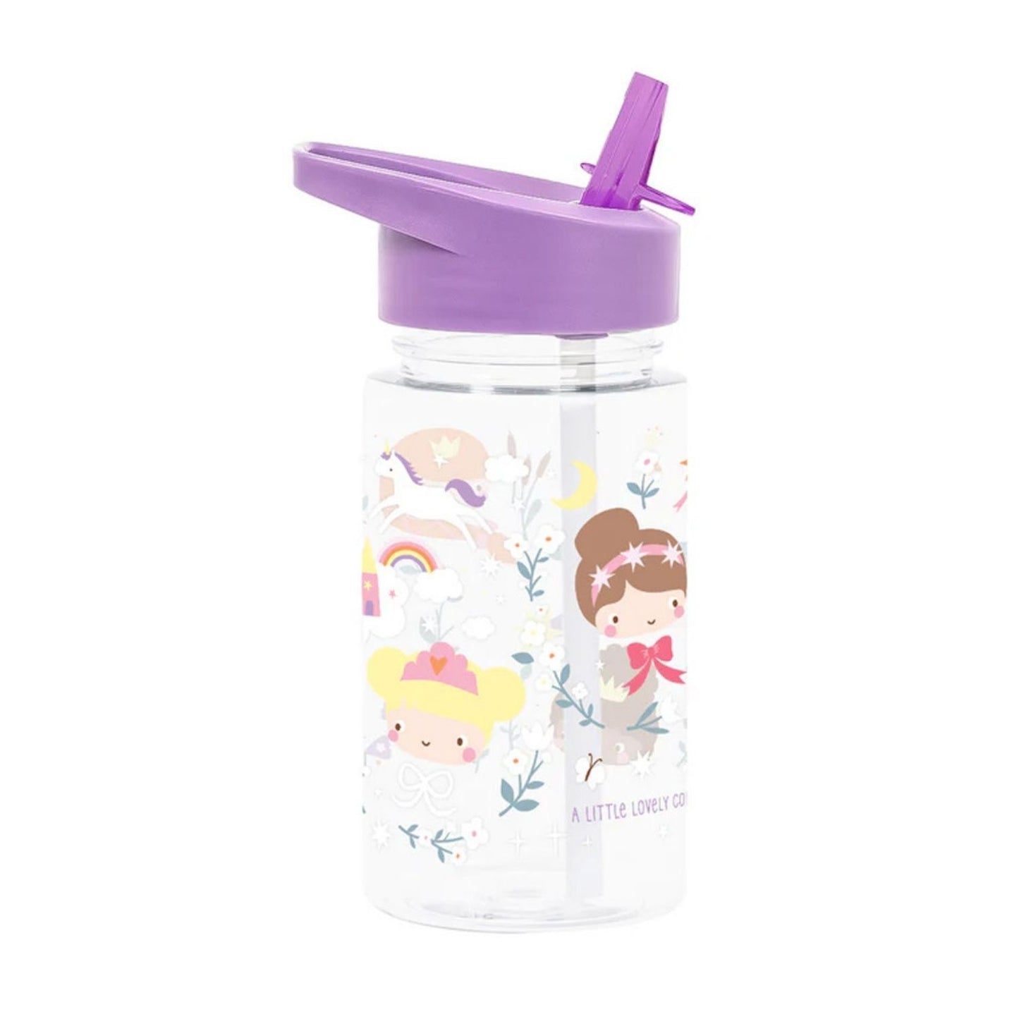 Botella infantil con pajita PRINCESAS 450 ml de A Little Lovely Company. Cantimplora de tritán ligera, libre de BPA y a prueba de fugas con pegatinas de regalo, perfecta para el colegio y excursiones.