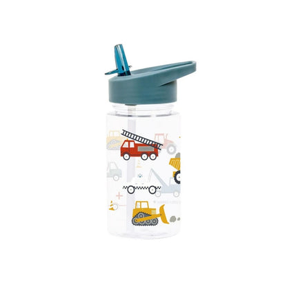 Botella infantil con pajita Vehicles 450 ml de A Little Lovely Company. Cantimplora de tritán ligera, libre de BPA y a prueba de fugas con pegatinas de regalo, perfecta para el colegio y excursiones.