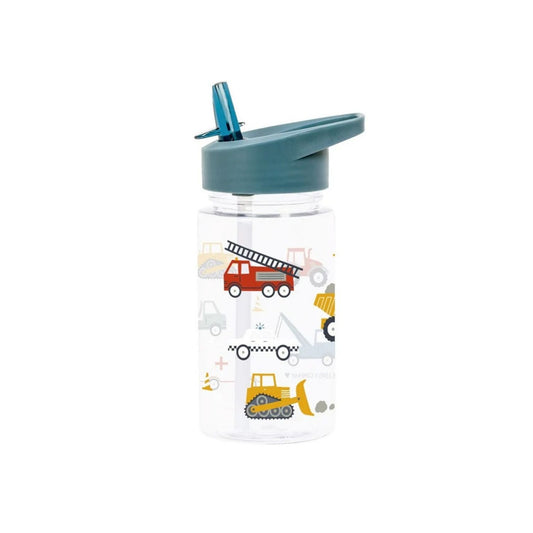 Botella infantil con pajita Vehicles 450 ml de A Little Lovely Company. Cantimplora de tritán ligera, libre de BPA y a prueba de fugas con pegatinas de regalo, perfecta para el colegio y excursiones.