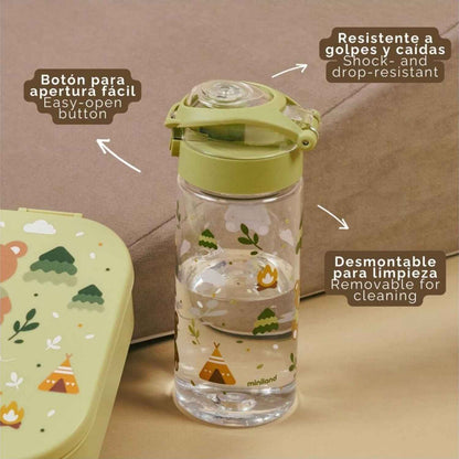 Botella de tritán Junior Explorer Miniland (500 ml). Ligera, resistente y libre de BPA. Con boquilla antiderrames, tapa de botón y zona para el nombre. ¡Ideal para peques activos!