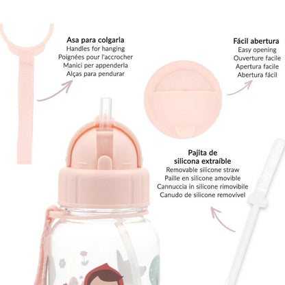 la botella de plástico tritán de la colección caperucita! Con una pajita de silicona abatible que se despliega automáticamente al abrir la tapa, es perfecta para llevar al cole.&nbsp;

Además, cuenta con un asa larga que te permite llevarla colgada en la mochila o en el carro del bebé. Fabricada en Tritán, esta botella tiene una capacidad de 500ml y unas medidas aproximadas de alto 19cm x diámetro 7cm.