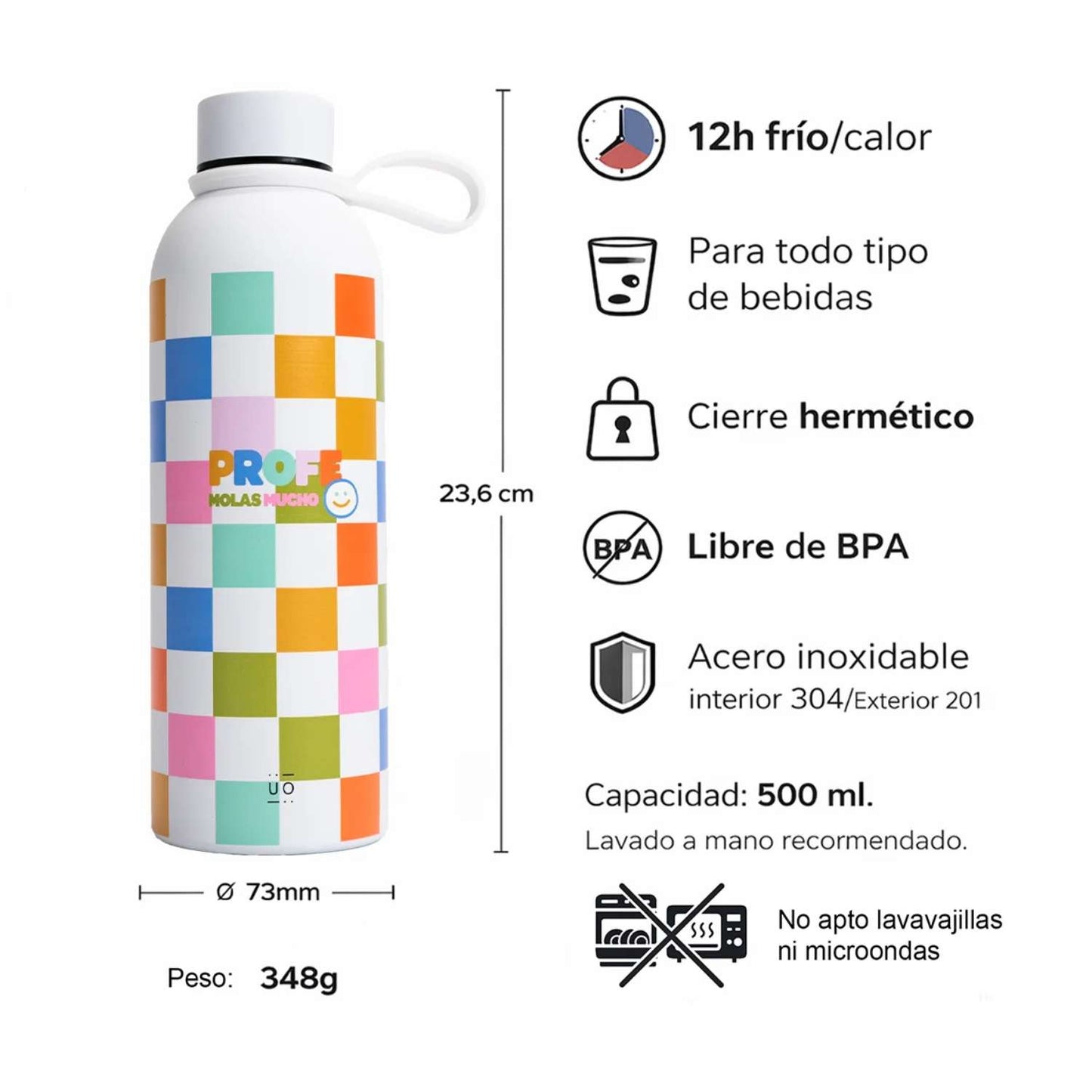 Botella térmica "Profe molas mucho" de acero inoxidable (500 ml). Mantiene la temperatura 12h, es libre de BPA y hermética. El regalo perfecto y práctico para agradecer a tu profesor favorito.