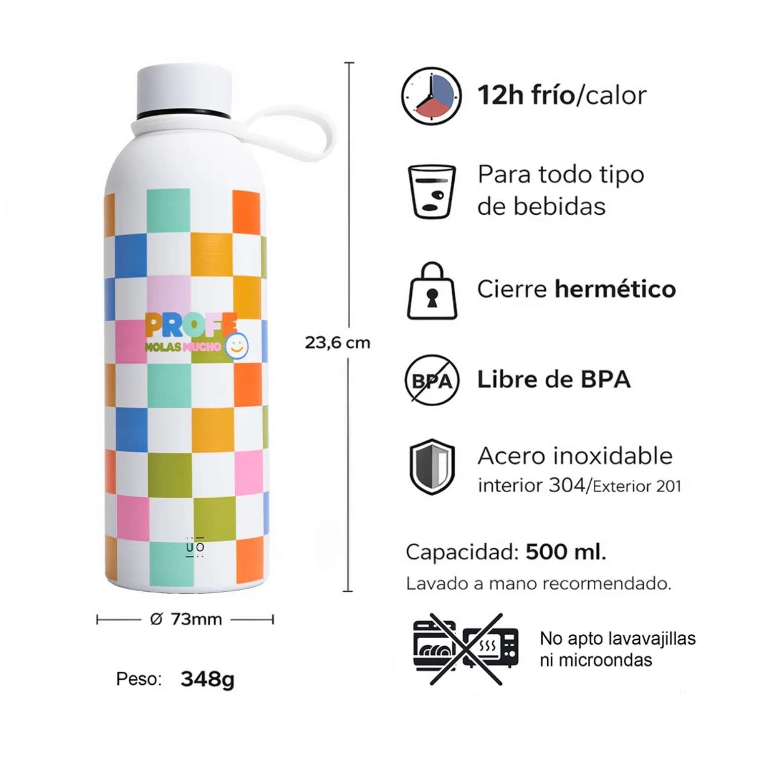 Botella térmica "Profe molas mucho" de acero inoxidable (500 ml). Mantiene la temperatura 12h, es libre de BPA y hermética. El regalo perfecto y práctico para agradecer a tu profesor favorito.