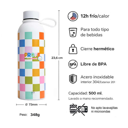 Botella térmica "Profe molas mucho" de acero inoxidable (500 ml). Mantiene la temperatura 12h, es libre de BPA y hermética. El regalo perfecto y práctico para agradecer a tu profesor favorito.