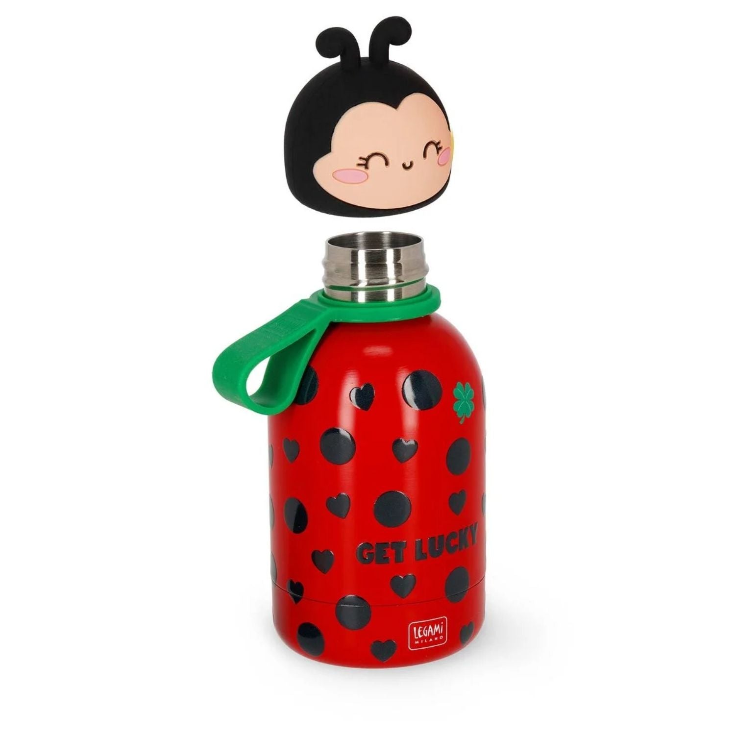 Compra la Botella Térmica Infantil Ladybug de Legami. Cantimplora de acero inoxidable de 310ml que mantiene el frío 24h y el calor 12h. Resistente, hermética y segura.