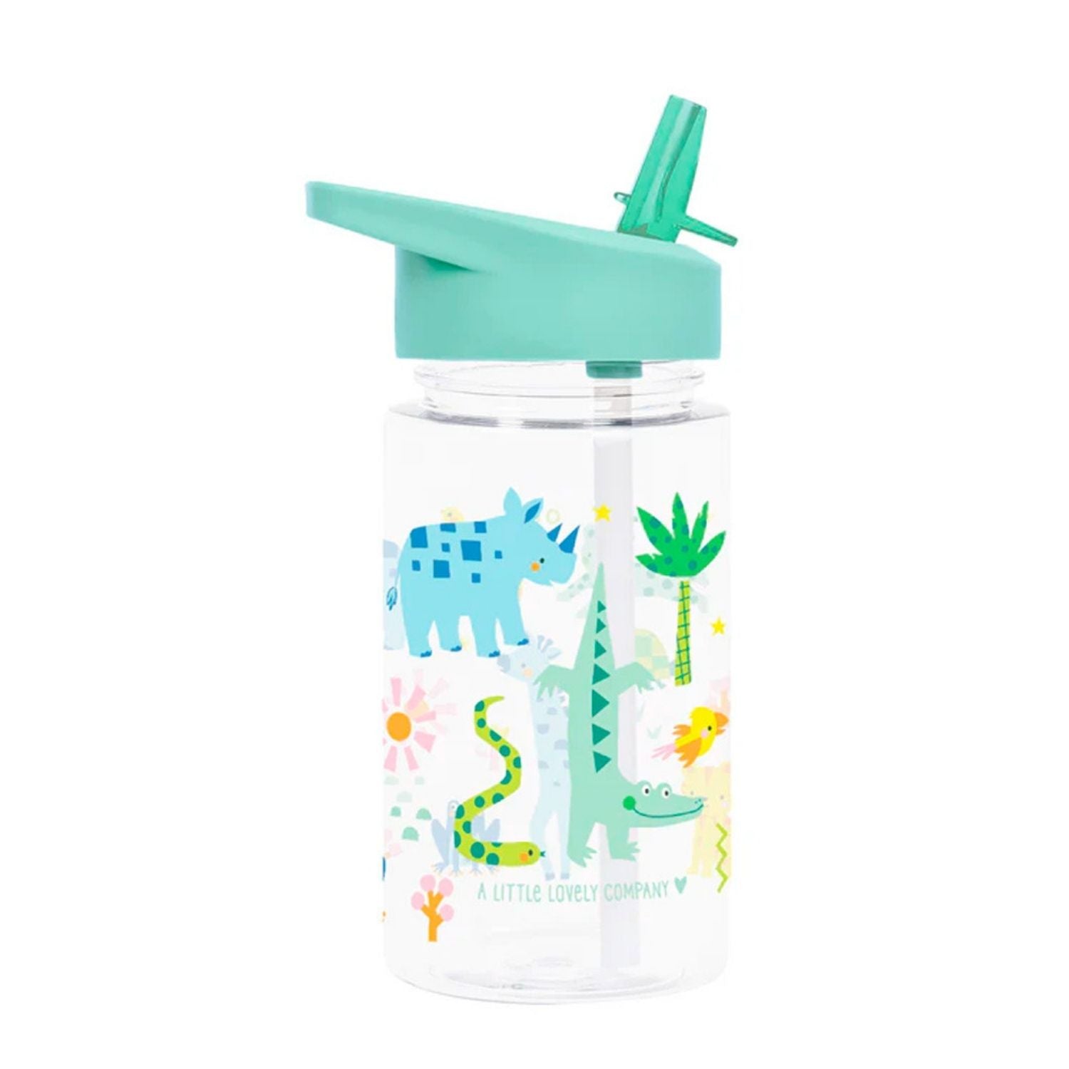 Botella infantil con pajita JUNGLE 450 ml de A Little Lovely Company. Cantimplora de tritán ligera, libre de BPA y a prueba de fugas con pegatinas de regalo, perfecta para el colegio y excursiones.