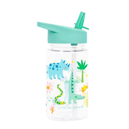 Botella infantil con pajita JUNGLE 450 ml de A Little Lovely Company. Cantimplora de tritán ligera, libre de BPA y a prueba de fugas con pegatinas de regalo, perfecta para el colegio y excursiones.