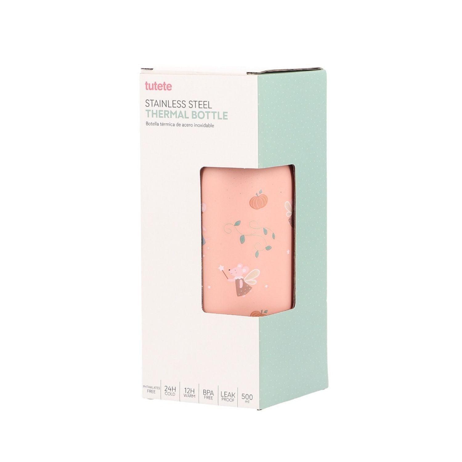 la Botella de Acero Térmica Mouse Fairies (Cenicienta) de 500ml. Esta botella térmica infantil es la compañera ideal para el colegio, excursiones o tardes de parque, gracias a su resistencia y gran capacidad. Su diseño sin pajita facilita una limpieza rápida y profunda, asegurando la máxima higiene diaria.