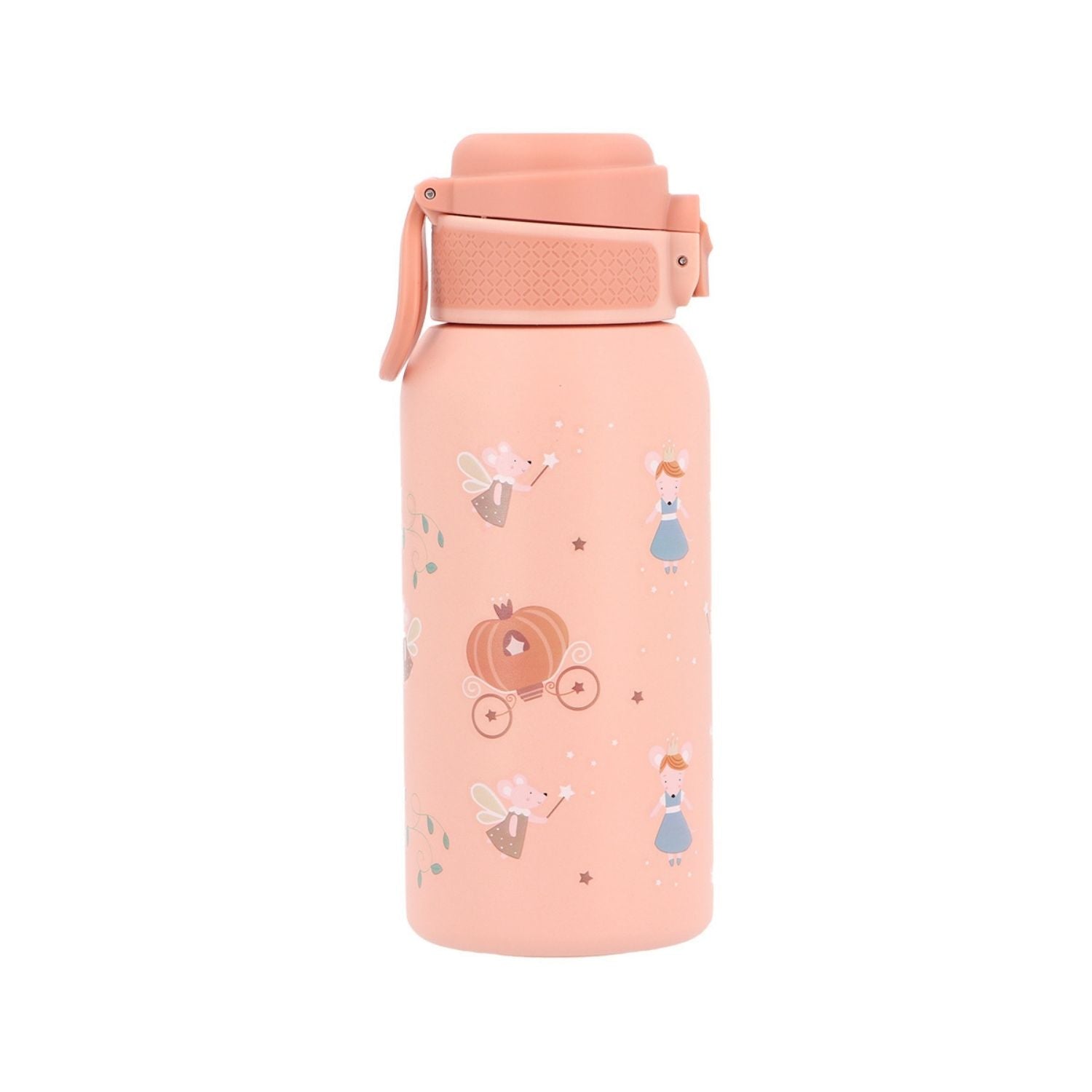 la Botella de Acero Térmica Mouse Fairies (Cenicienta) de 500ml. Esta botella térmica infantil es la compañera ideal para el colegio, excursiones o tardes de parque, gracias a su resistencia y gran capacidad. Su diseño sin pajita facilita una limpieza rápida y profunda, asegurando la máxima higiene diaria.