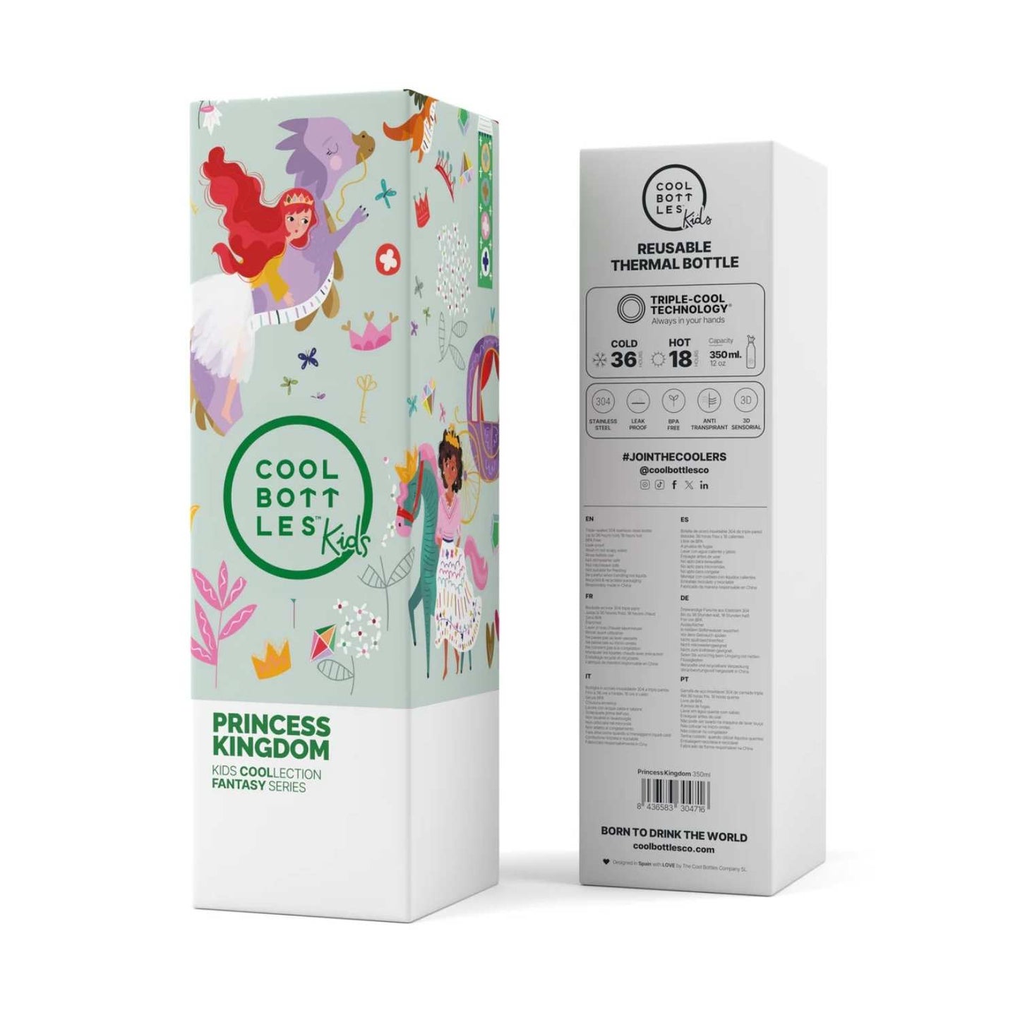 Botella térmica infantil The Bottles Kids 350ml Princess Kingdom. Acero inoxidable con relieve 3D, mantiene el frío 36h. Libre de BPA y a prueba de fugas. ¡Ideal para el cole!

Princesas valientes, preciosos caballos y coronas brillantes te esperan en este reino mágico de Princess Kingdom. The Bottles Kids 350ml es una botella de agua para niños con Triple Cool™ Technology que mantiene bebidas 36 horas frías y 18 calientes. Con tacto en relieve 3D y tapón hermético a prueba de fugas. Fabricada en acero inox