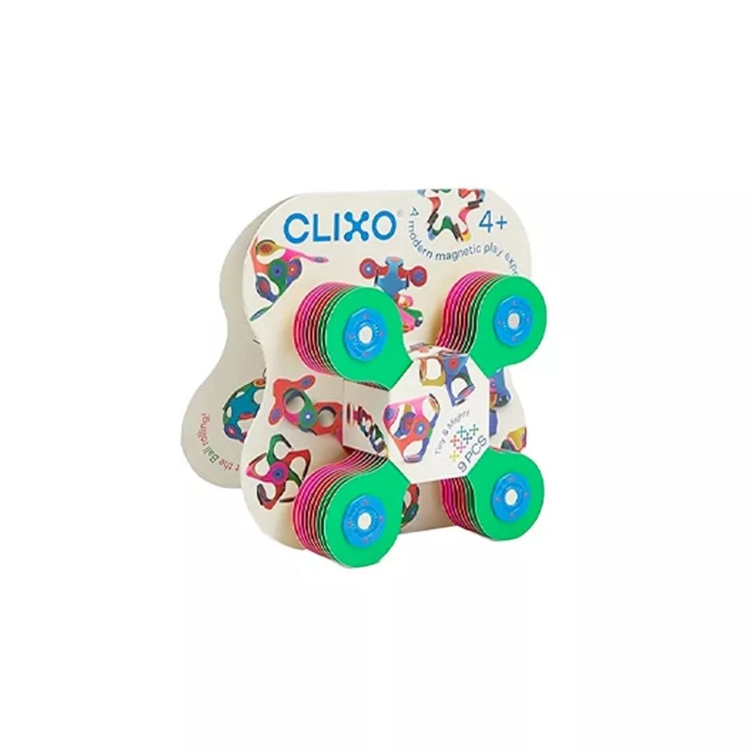 pack de Clixo Mini de 9 piezas, podrás crear las construcciones más originales que hayas visto! Estas piezas delgadas, flexibles y ligeras, con imanes en los extremos, son ideales para llevar a todas partes y fomentar tu creatividad y aprendizaje STEAM. PACKAGING