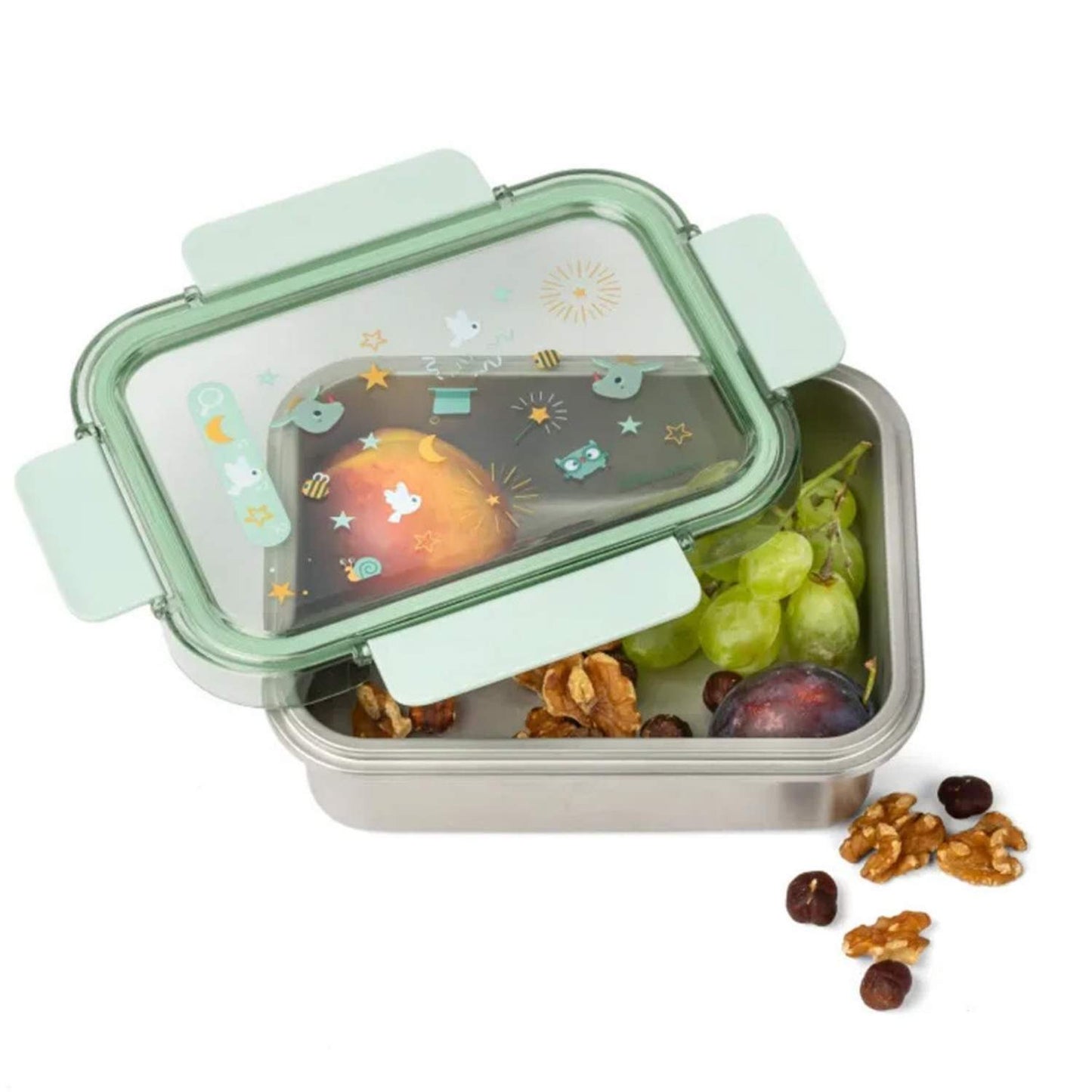 Fiambrera de acero inoxidable Joe el dragon verde Lilliputiens con tapa de tritán libre de BPA. Antifugas y con juego integrado "Busca y Busca". ¡Diversión para el cole!