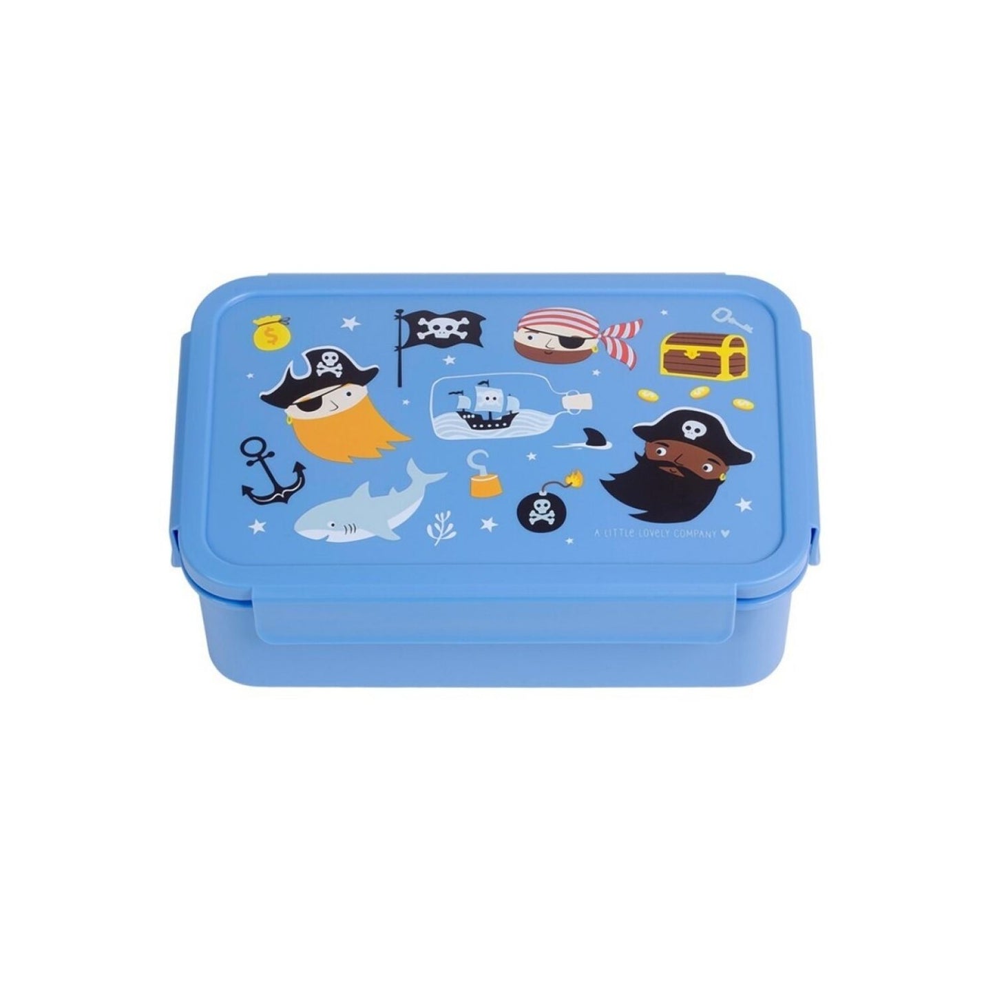 caja de almuerzo Bento Piratas de A Little Lovely Company! Diseñada con un alegre estampado de la selva, es la opción ideal para llevar la comida del peque al cole, a la guardería o de excursión. Gracias a su bandeja extraíble de dos compartimentos y a su cierre hermético