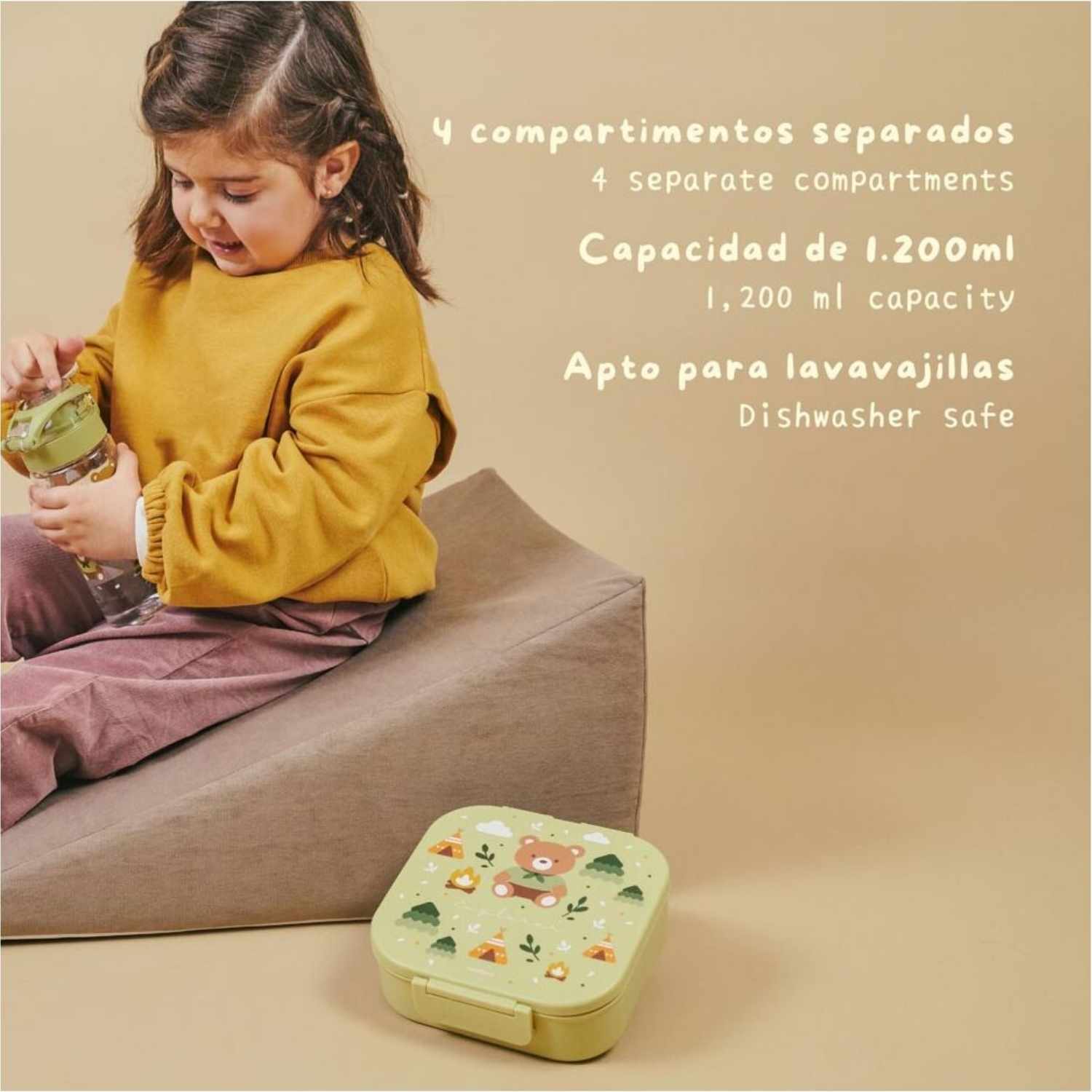 Fiambrera grande Lunchbox Explorer Miniland (1200 ml). Con 4 compartimentos herméticos, libre de BPA y apta para lavavajillas. ¡Ideal para la comida del cole!
