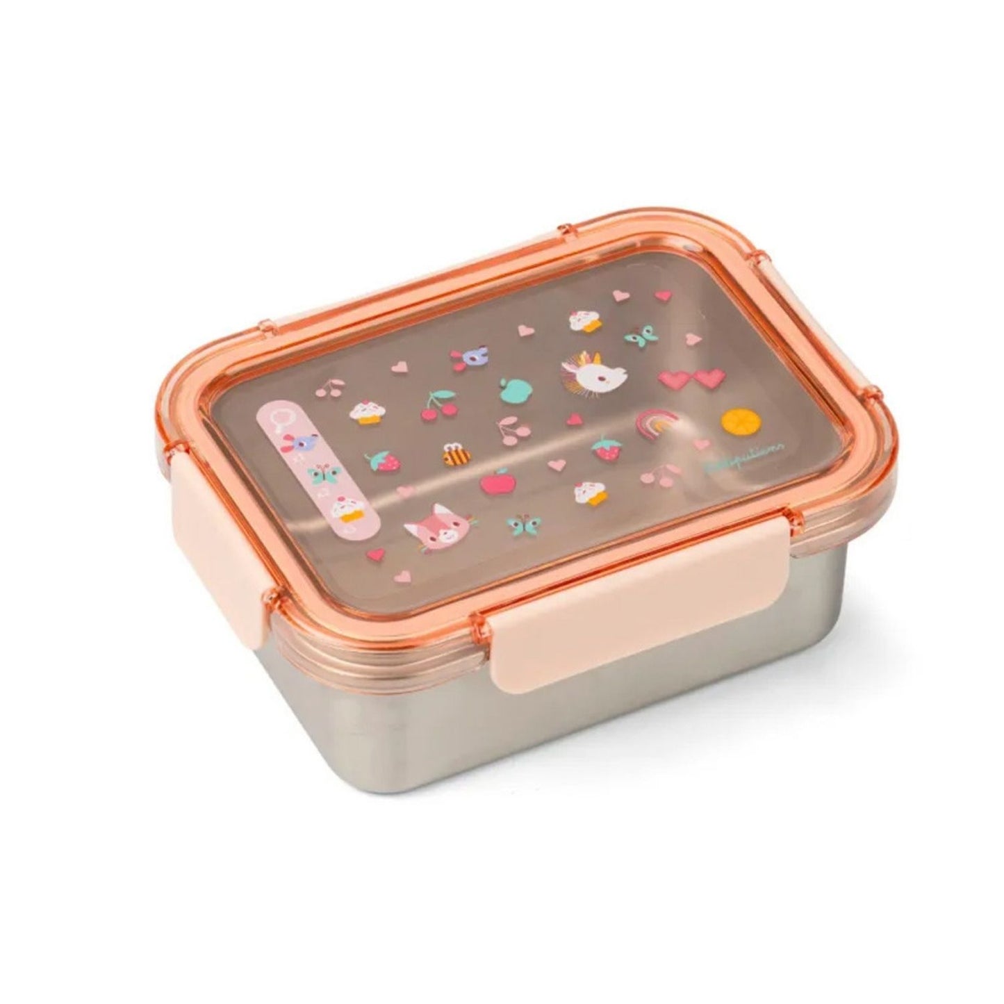 Fiambrera de acero inoxidable Jeanne el gato rosa Lilliputiens con tapa de tritán libre de BPA. Antifugas y con juego integrado "Busca y Busca". ¡Diversión para el cole!