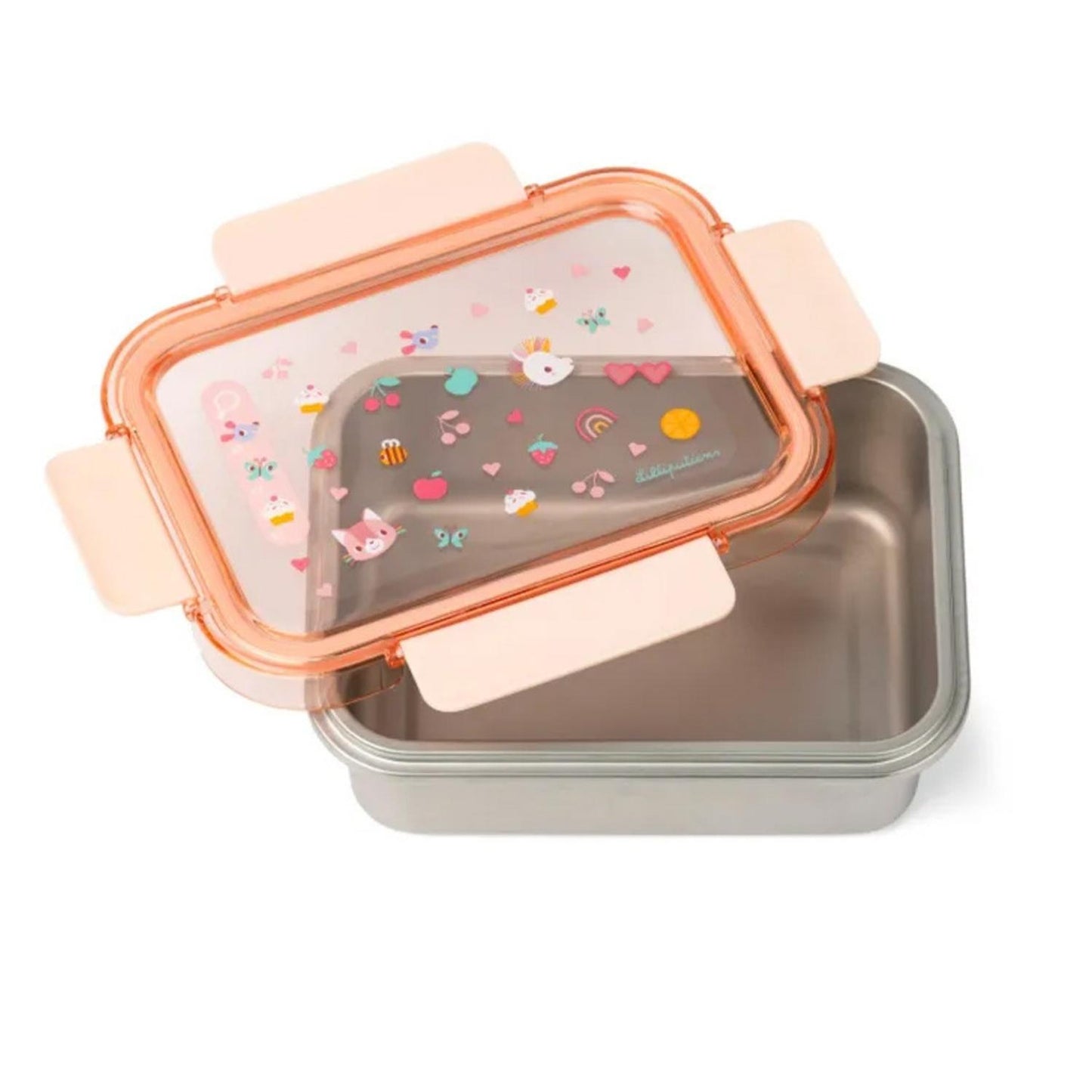 Fiambrera de acero inoxidable Jeanne el gato rosa Lilliputiens con tapa de tritán libre de BPA. Antifugas y con juego integrado "Busca y Busca". ¡Diversión para el cole!