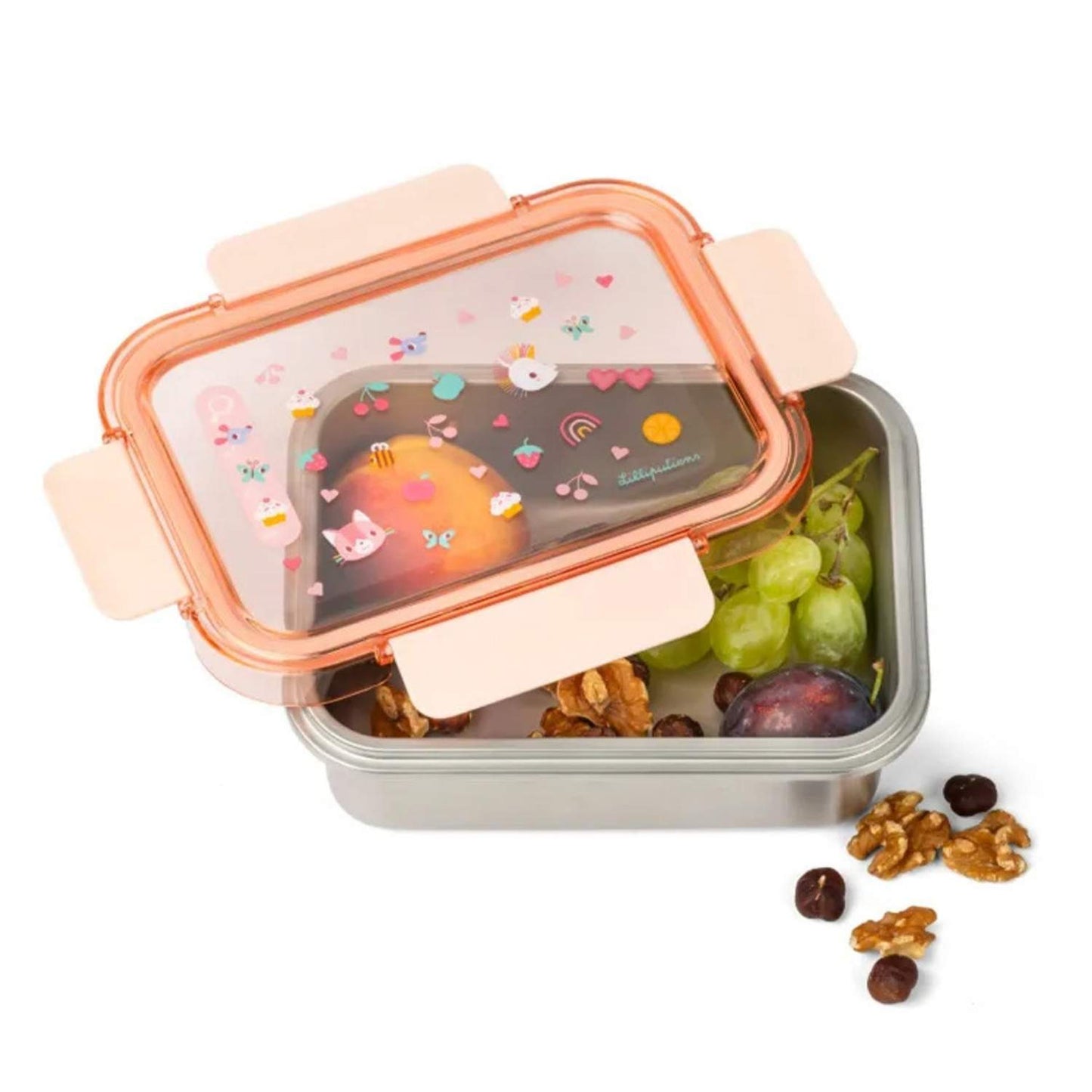 Fiambrera de acero inoxidable Jeanne el gato rosa Lilliputiens con tapa de tritán libre de BPA. Antifugas y con juego integrado "Busca y Busca". ¡Diversión para el cole!