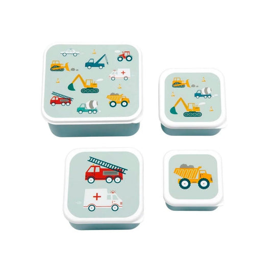 Set de 4 cajas de almuerzo apilables infantiles Coches. Diferentes tamaños, libres de BPA y superprácticas. ¡Ideales para la merienda y el cole!