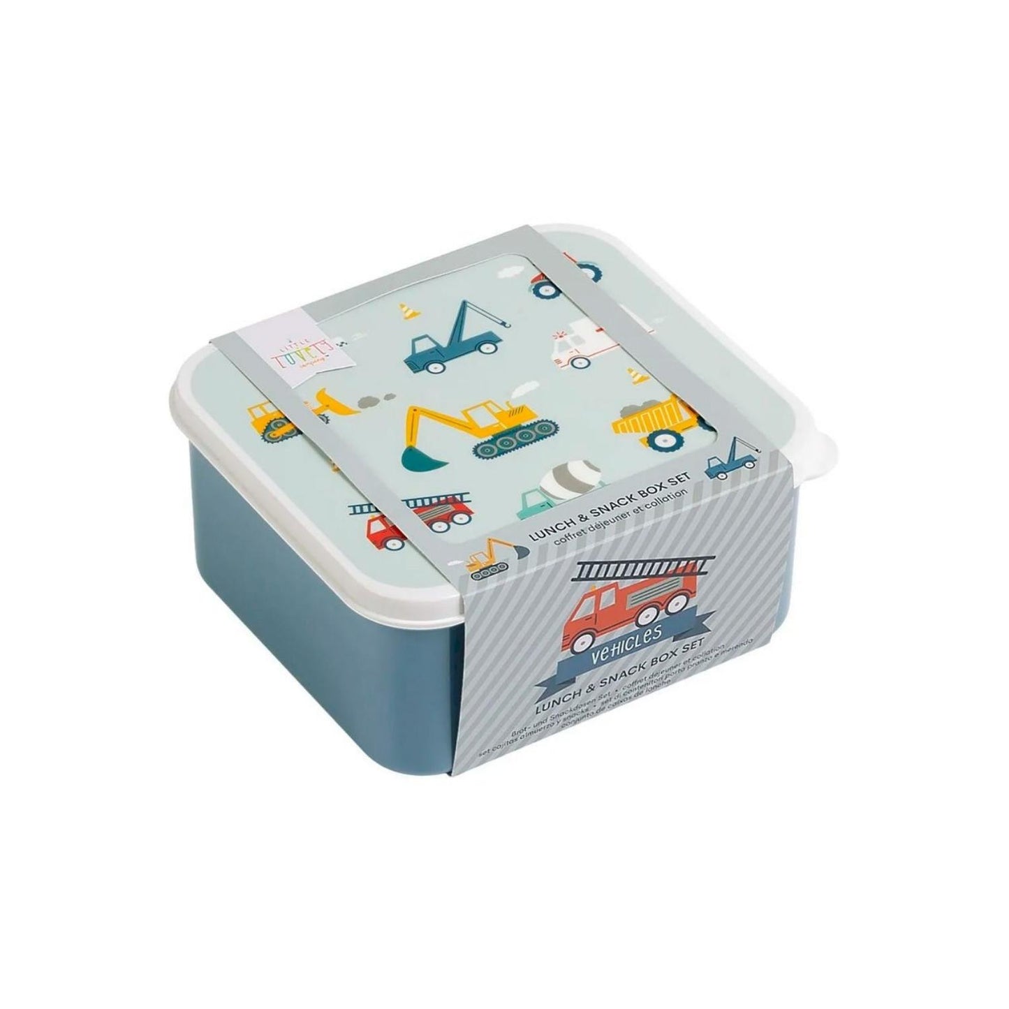 Set de 4 cajas de almuerzo apilables infantiles Coches. Diferentes tamaños, libres de BPA y superprácticas. ¡Ideales para la merienda y el cole!