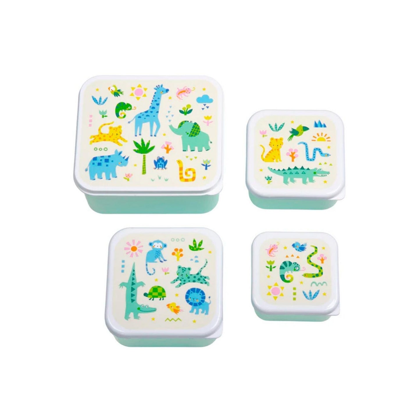  set de 4 cajitas de almuerzo apilables con divertido diseño de jungke es el aliado perfecto para la merienda o el tentempié escolar. Al contar con cuatro dimensiones distintas, te permite llevar por separado alimentos variados sin mezclar sabores ni texturas. 